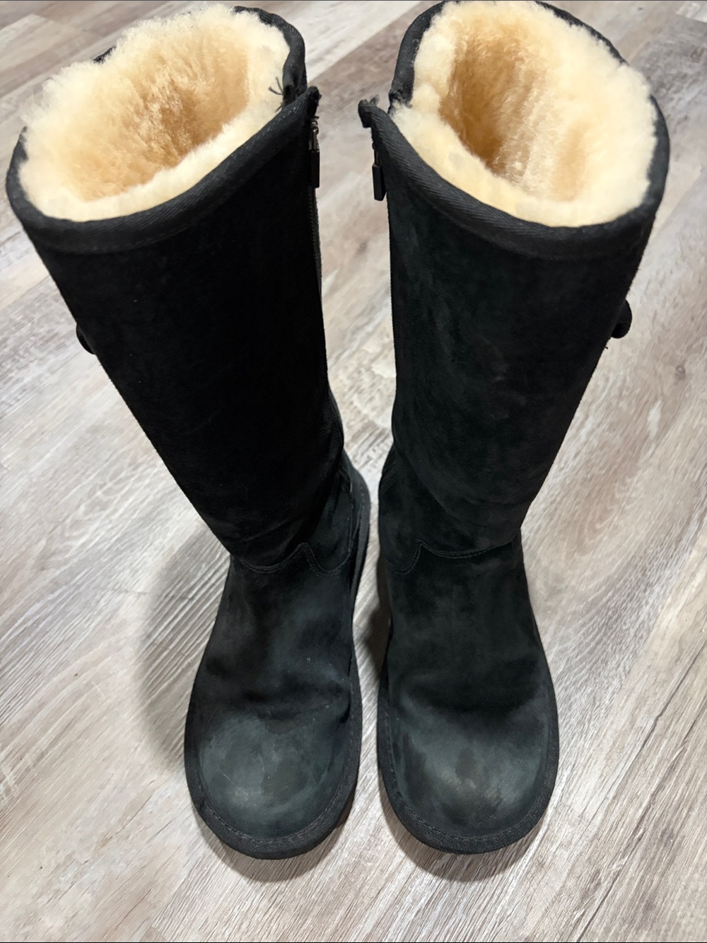UGG Black Tall Black Leather Suede Boots with Sheepskin Lining